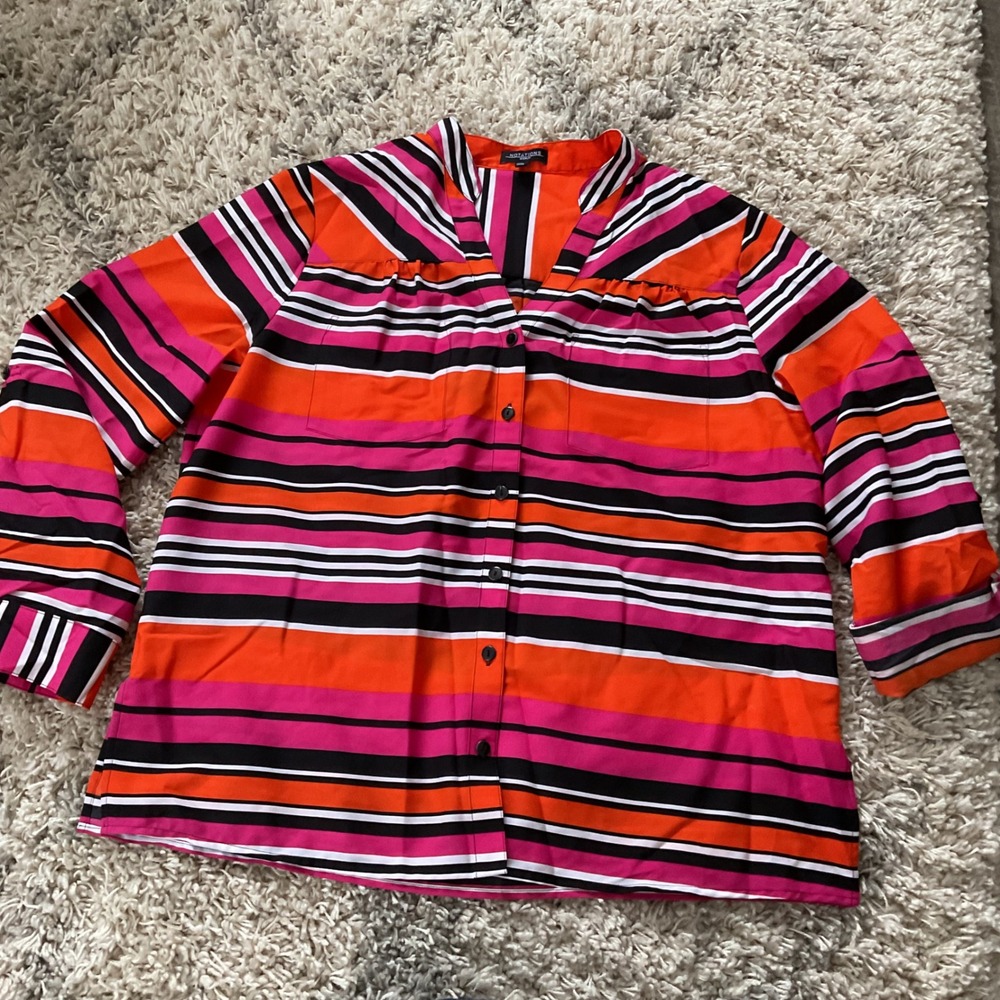 Notations Woman 1X‎ Orange Pink Black White Stripe V Neck Top